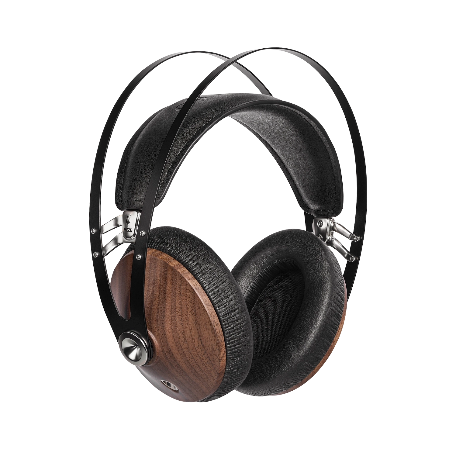 A pair of closed-back audiophile headphones with walnut wood ear cups and silver accents, designed for high-fidelity sound and comfort.