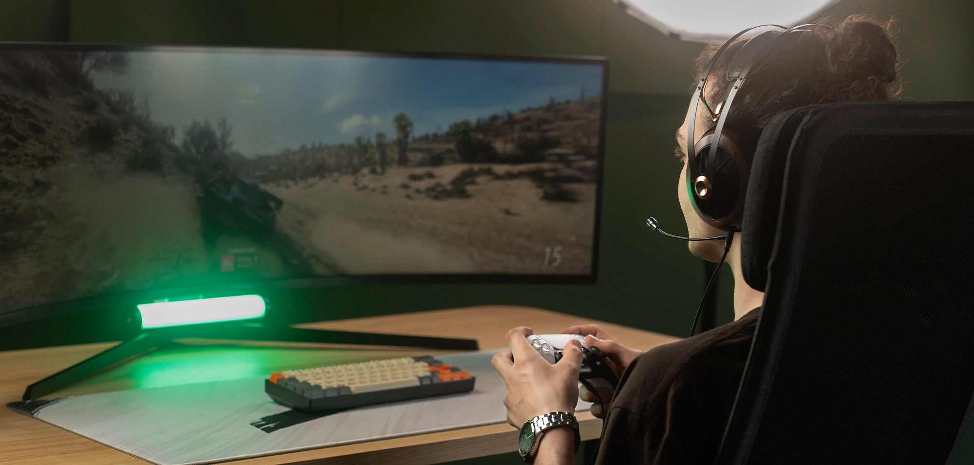 Player using the Meze Audio 109 PRO dynamic driver audiophile gaming headset during a PS5 car game